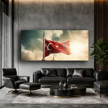 Bulutlar Arasında Dalgalanan Türk Bayrağı Saatli  Cam Tablo 080