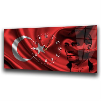 Türk Bayrağı ve Atatürk Yatay Ortadan Saatli  Vatan Temalı Cam Tablo 062