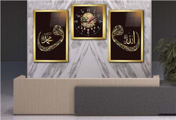 VAV İÇERİSİNDE ALLAH C.C İSMİ PEYGAMBER EFENDİMİZİN İSMİ VE OSMANLI DEVLET DEVLET ARMASI GÖRSELLİ CAM TABLO SAAT SETİ  