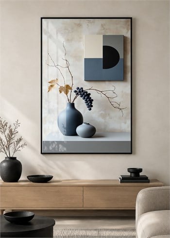 Geometrik Detaylı Siyah Vazolar Alüminyum Çerçeveli Modern Cam Duvar Tablosu