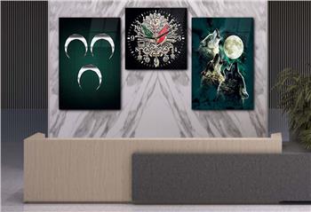 Ottoman State Coat of Arms and Three Crescent and Gray Wolf Tempered Glass Wall Art Set with Clock