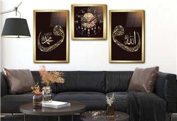 VAV İÇERİSİNDE ALLAH C.C İSMİ PEYGAMBER EFENDİMİZİN İSMİ VE OSMANLI DEVLET DEVLET ARMASI GÖRSELLİ CAM TABLO SAAT SETİ  