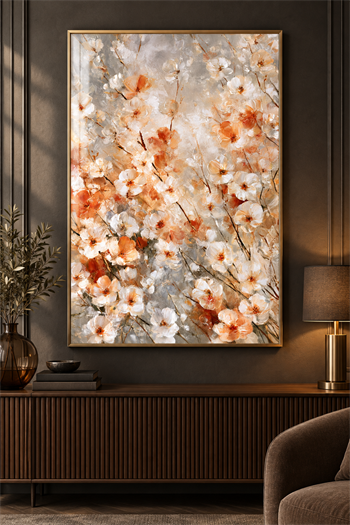 Modern Soyut Çiçek Desenli - Gerçek Cama Baskı Gold Alüminyum Metal Çerçeveli Tekli Cam Tablo