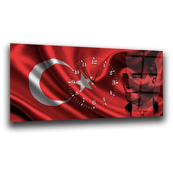 Türk Bayrağı ve Atatürk Yatay Ortadan Saatli  Vatan Temalı Cam Tablo 062