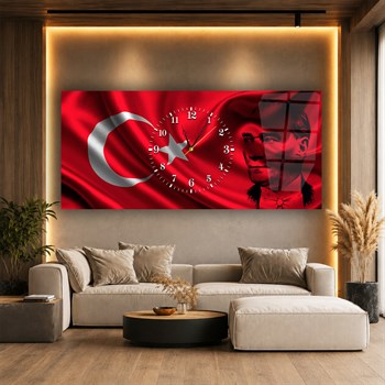 Türk Bayrağı ve Atatürk Yatay Ortadan Saatli  Vatan Temalı Cam Tablo 062