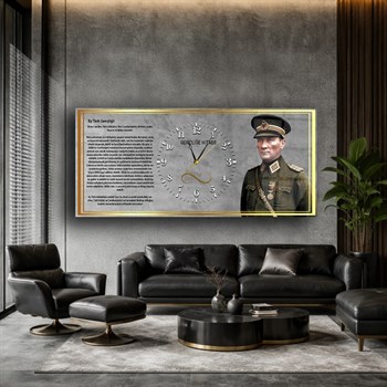 Mareşal Mustafa Kemal Atatürk ve Gençliğe Hitabesi Saatli  Vatan Temalı Cam Tablo 041