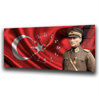 Türk Bayraklı Atatürk Saatli Cam Tablo