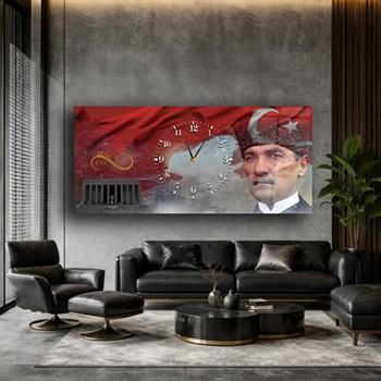 Mustafa Kemal Atatürk ve Anıtkabir Türk Bayrağı Zeminli Saatli Cam Tablo 071