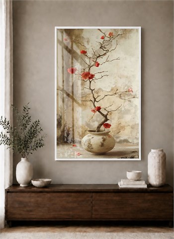 Kırmızı Çiçekli Bonsai Dalı Alüminyum Çerçeveli Dekoratif Cam Duvar Tablosu