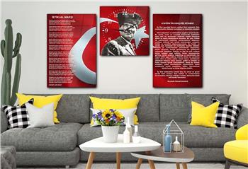 Atatürk, Independence March, and Youth Address Glass Wall Art Set with Clock