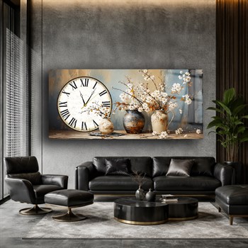 Yatay Saatli Yandan Sanat Temalı Cam Tablo 371