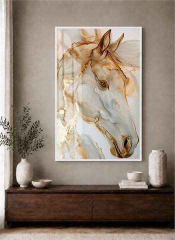 Gold Detaylı Beyaz At Alüminyum Çerçeveli Dekoratif Cam Duvar Tablosu
