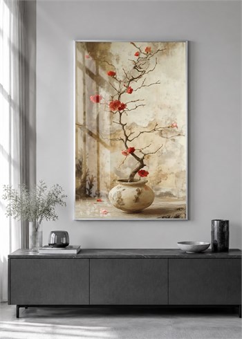 Kırmızı Çiçekli Bonsai Dalı Alüminyum Çerçeveli Dekoratif Cam Duvar Tablosu