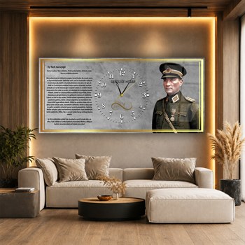 Mareşal Mustafa Kemal Atatürk ve Gençliğe Hitabesi Saatli  Vatan Temalı Cam Tablo 041