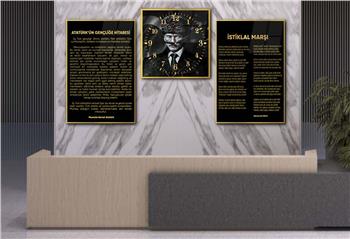 Atatürk and Independence March Glass Wall Art Set with Clock