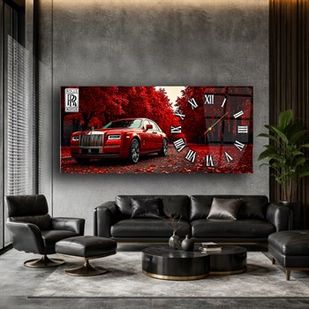 Kırmızı Rolls Royce Saatli Cam Tablo