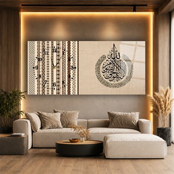 Yatay Saatli Yandan Dini Temalı Cam Tablo 089