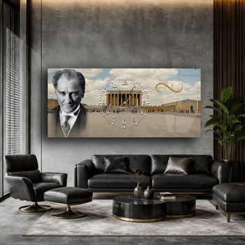 Anıtkabir ve Atatürk Ortadan Saatli Cam Tablo 063