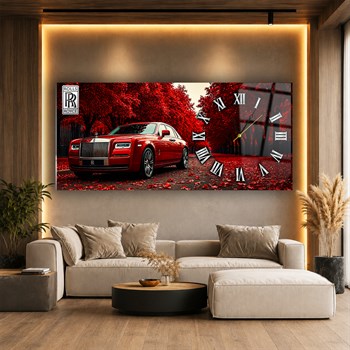 Kırmızı Rolls Royce Saatli Cam Tablo