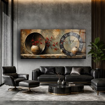 Yatay Saatli Yandan Sanat Temalı Cam Tablo 380