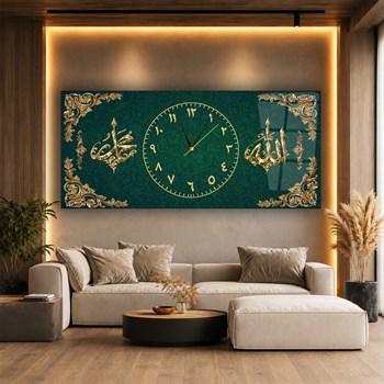 Yeşil Gold Allah Muhammed Saatli Cam Tablo – Osmanlı Motifli İslami Duvar Dekoru