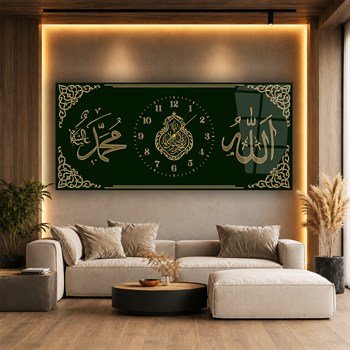 Yatay Saatli Ortadan Dini Temalı Cam Tablo 120