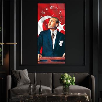 Vertical National Themed Glass Wall Art with Clock at the Top 004