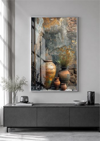 Rustik Vazolar ve Çiçekler Alüminyum Çerçeveli Modern Cam Duvar Tablosu