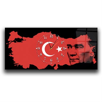 Türkiye Haritası Üzerinde Türk Bayrağı ve Atatürk Saatli Cam Tablo 060