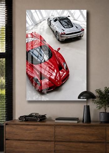 Kırmızı ve Beyaz Ferrari Enzo Cam Tablo