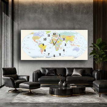 Atlas Dünya Haritası Saatli Cam Tablo
