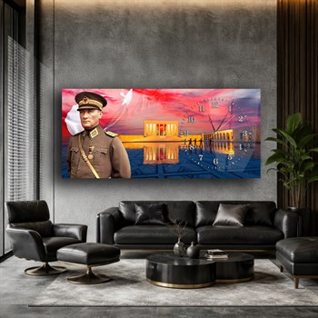 Yatay Saatli Yandan Vatan Temalı Cam Tablo 025