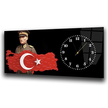 Yatay Saatli Yandan Vatan Temalı Cam Tablo 031