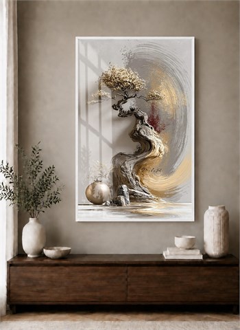 Zen Esintili Gold Bonsai Alüminyum Çerçeveli Modern Cam Duvar Tablosu