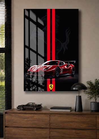 Kırmızı Ferrari Yarış Arabası Cam Tablo