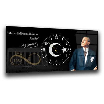 Yatay Ortadan Saatli  Vatan Temalı Cam Tablo 022
