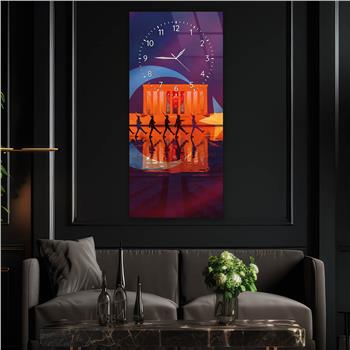 Vertical National Themed Glass Wall Art with Clock at the Top 012