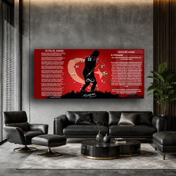 Türk Bayrağı Zeminli Atatürk İstiklal Marşı ve Gençliğe Hitabe Saatli  Cam Tablo 050