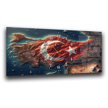 Ay Yıldızlı Türkiye Haritası Saatli Cam Tablo