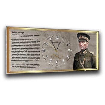 Askeri Kıyafetli Mustafa Kemal Atatürk ve Gençliğe Hitabesi Saatli  Cam Tablo 042