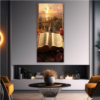 Vertical Religious Themed Glass Wall Art with Clock at the Top  022