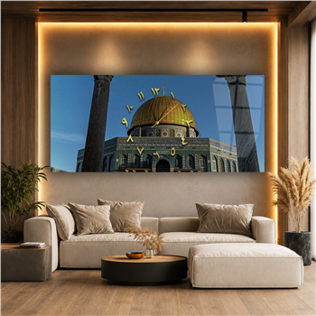 Horizontal bedrucktes Glas mit Religionenthema und einer Uhr in der Mitte 005