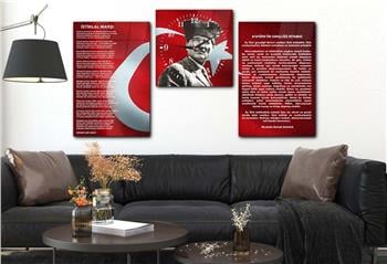 Atatürk, Independence March, and Youth Address Glass Wall Art Set with Clock