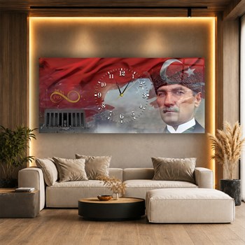 Mustafa Kemal Atatürk ve Anıtkabir Türk Bayrağı Zeminli Saatli Cam Tablo 071