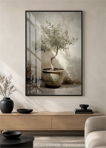 Minimal Zeytin Ağacı Alüminyum Çerçeveli Dekoratif Cam Duvar Tablosu