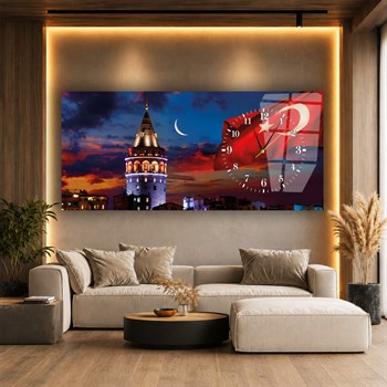 Türk Bayraklı Galata Kulesi Saatli Cam Tablo