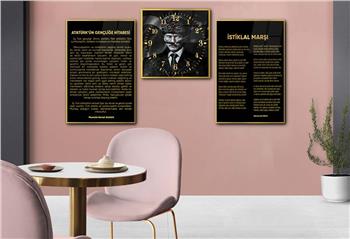 Atatürk and Independence March Glass Wall Art Set with Clock
