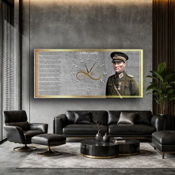 Asker Atatürk ve İstiklal Marşı Saatli Cam Tablo