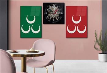 Ottoman State Coat of Arms and Three Crescent Tempered Glass Wall Art Set with Clock