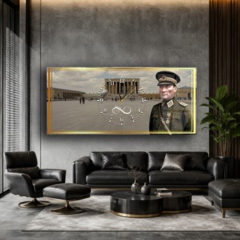 Askeri kıyafetli Atatürk ve Anıtkabir Yatay Ortadan Saatli  Vatan Temalı Cam Tablo 043